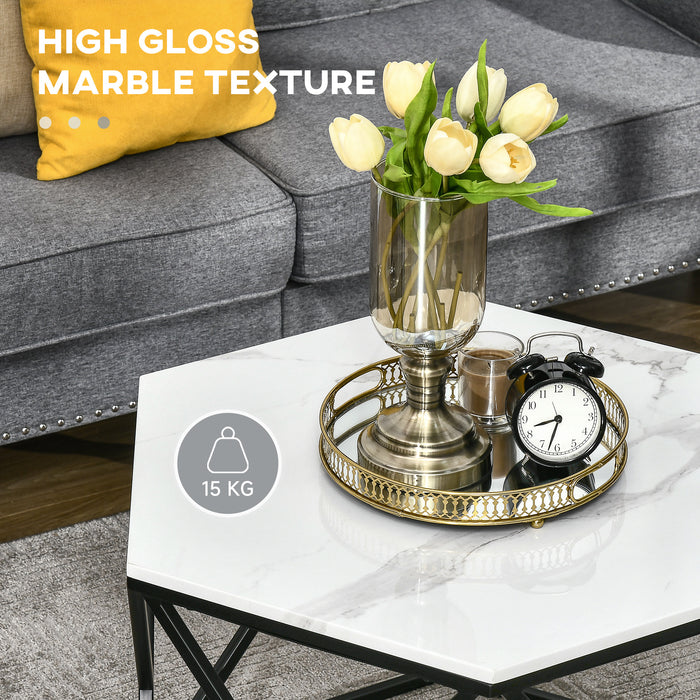 High Gloss Marble Coffee Table - Modern White Cocktail Table with Durable Steel Frame - Elegant Living Room Furniture Piece