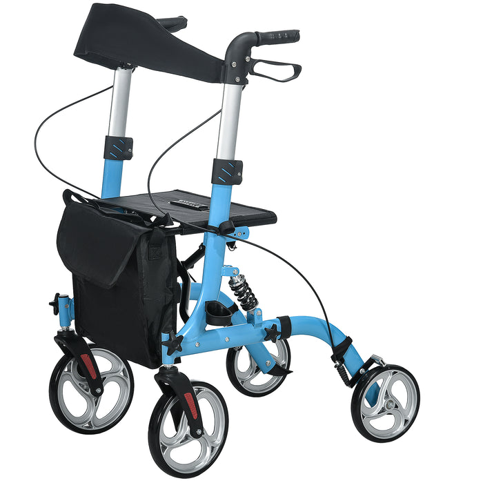 Lightweight 4-Wheel Rollator - Folding Mobility Walker with Seat, Large Wheels, and Carry Bag - Ideal for Seniors, Adjustable Height, Dual Brakes, in Blue