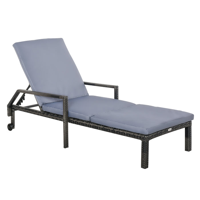 Mixed Grey PE Rattan Wicker Chaise Sun Lounger - 5-Level Adjustable Backrest, 2-Wheeled Recliner Garden Chair - Ideal for Patio Relaxation and Sunbathing