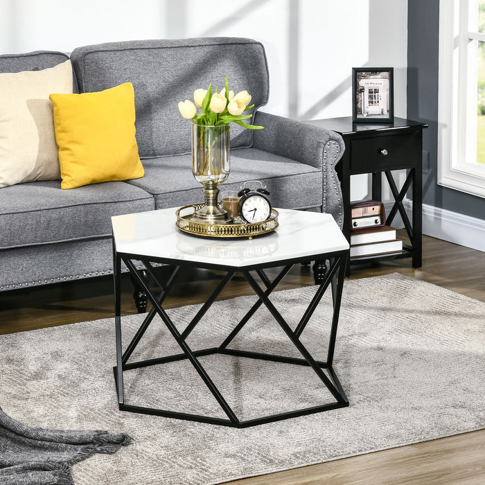 High Gloss Marble Coffee Table - Modern White Cocktail Table with Durable Steel Frame - Elegant Living Room Furniture Piece