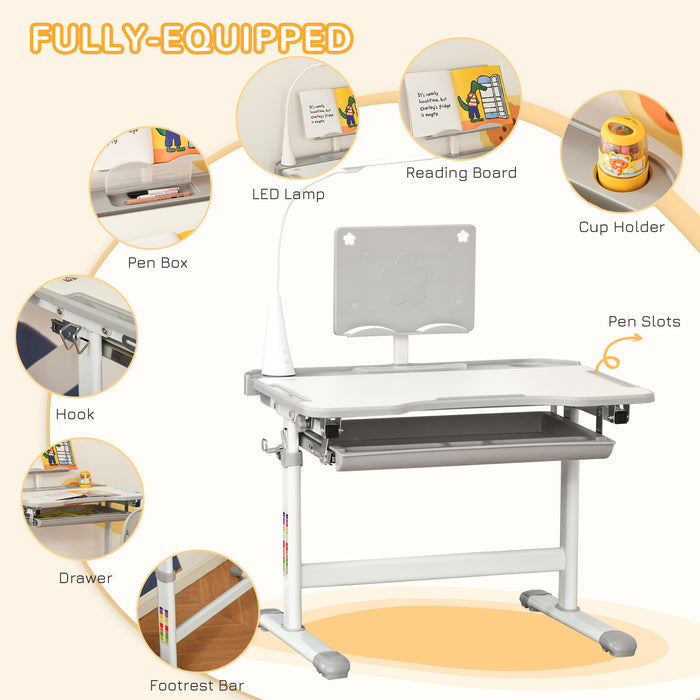 Activity Desk with USB Lamp - Kids Table and Chair Set with Storage Drawer for Study & Crafts - Ideal for Children's Creative Activities, Grey and White