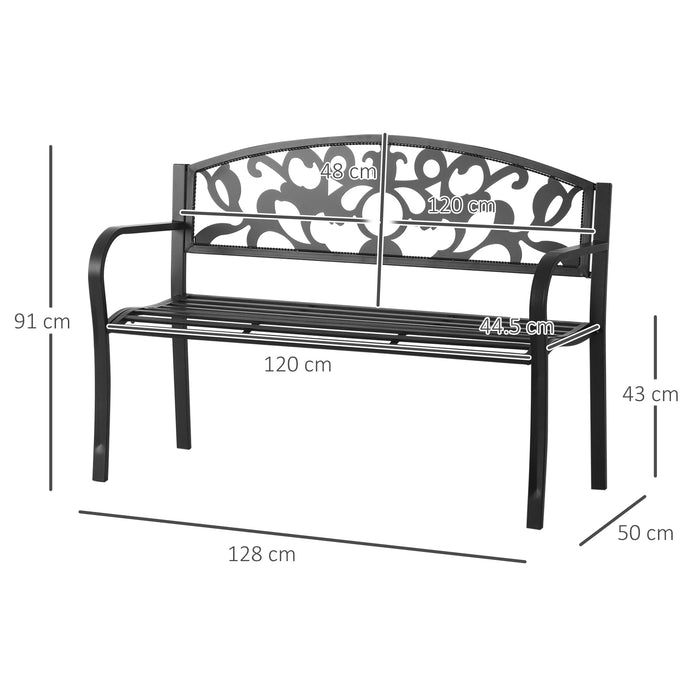 2-Seater Garden Metal Bench - Outdoor Patio, Park and Yard Seating Furniture in Black - Comfortable Porch Chair for Relaxation, 128L x 91H x 50W cm