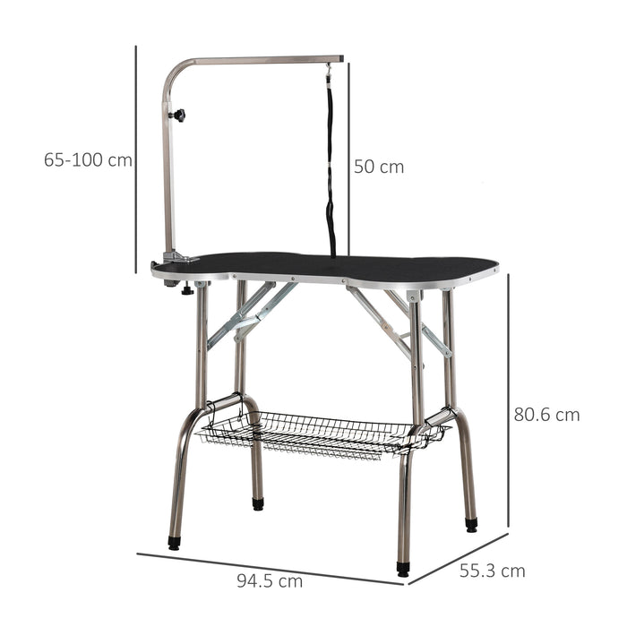 Foldable Pet Grooming & Drying Table with Adjustable Arm - Non-Slip Rubber Top, Aluminum Alloy Edge, Stainless Steel Bar - Ideal for Dog Groomers and Home Use