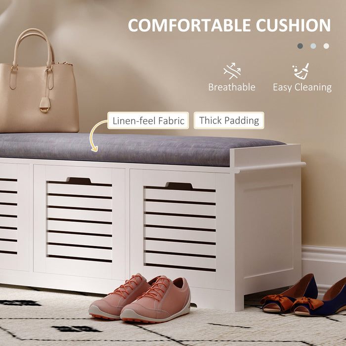 White Storage Bench with 3 Built-In Drawers - Hallway Seating & Organizational Solution with Removable Grey Cushion - Ideal for Entryway Clutter Management