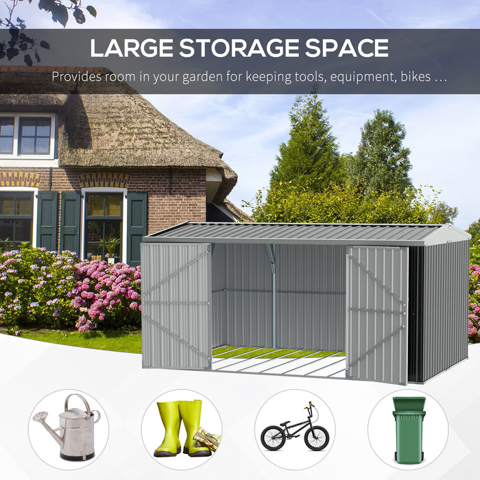 Large Patio Lockable Garden Shed - 14 x 9 ft Metal Storage Building with Foundation, Roofed Outdoor Tool Shed - Ideal for Equipment, Tools, and Outdoor Furniture Storage, Grey