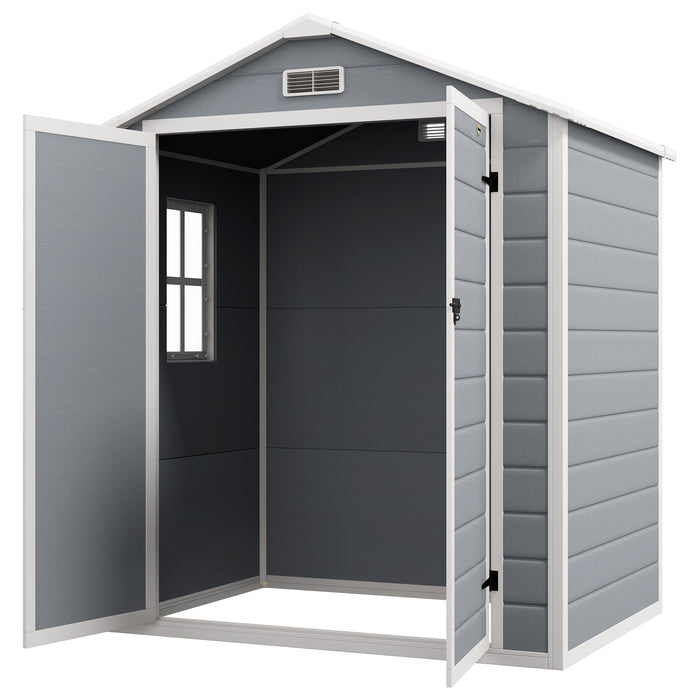 Garden Storage Shed 6'x4.5' - Lockable Double Doors, Window, Ventilation & Durable Plastic Roof, Grey - Ideal for Tools and Equipment Safety