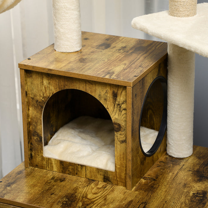 Rustic Brown Multi-Functional Cat Litter Box Enclosure - Includes Tree Tower, Hammock, & Cozy Cushion - Stylish House & Activity Center for Cats