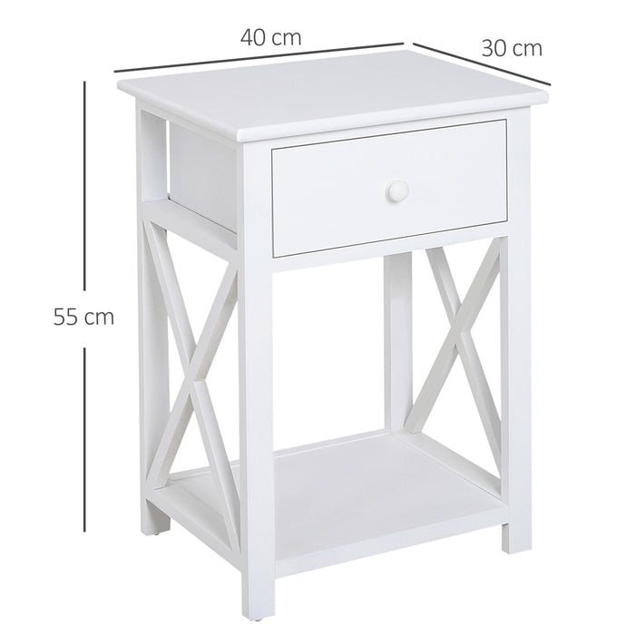 Classic Accent Side Table with Drawer and X-Bar Shelf - Compact Design for Living Space and Bedroom - Versatile White End Table with Storage, 40x30x55 cm