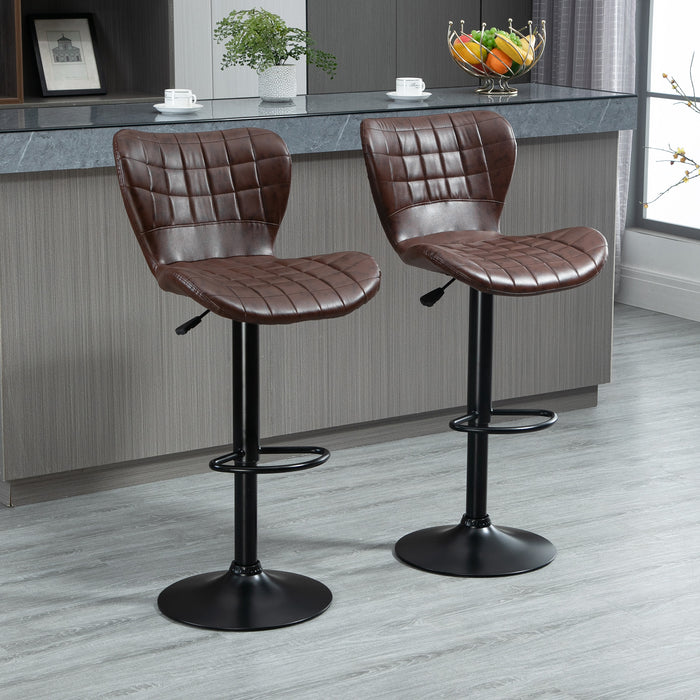 Adjustable Height Swivel Bar Stools Pair - Upholstered in Brown PU Leather with Back & Footrest - Ideal for Kitchen Island & Home Bar Comfort seating