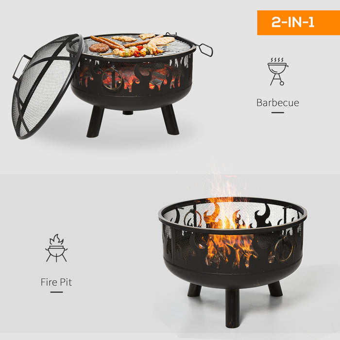 Outdoor 2-in-1 Fire Pit and BBQ Grill - Steel Bowl Heater with Cooking Grate and Spark Screen - Ideal for Backyard Bonfires and Patio Cookouts