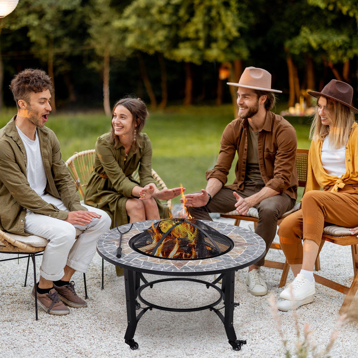 Outdoor 2-in-1 Fire Pit with BBQ Grill - Patio Heater with Wheel, Screen Cover & Fire Poker - Ideal for Backyard Bonfires and Grilling