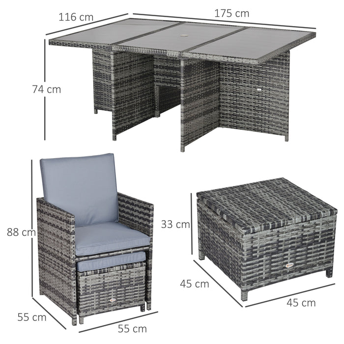 11pc Rattan Outdoor Dining Set - Patio Cube Sofa Weave Wicker Configuration with 6 Chairs, 4 Footrests, and 1 Table in Mixed Grey - Ideal for Entertaining 10 Guests in Garden Spaces