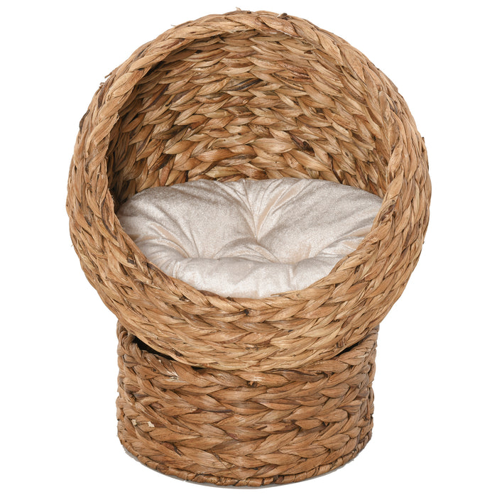 Wicker Cat Bed with Cylindrical Rattan Base - Soft Washable Cushion in Retro Brown, 50x42x60cm - Ideal Comfort for Cats