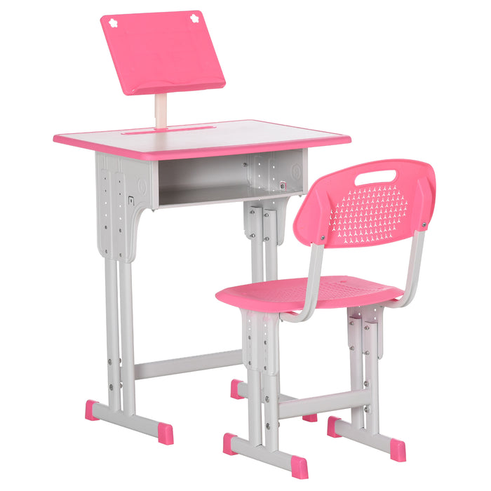 Kids Study Desk and Chair Combo - Adjustable Height, Storage Drawer, Book Stand, Cup Holder, Pen Holder - Ideal for Homework and Art Projects