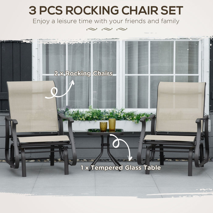 Outdoor Rocking Chair Ensemble - 3-Piece Glider Set with Tempered Glass Tea Table & Cushioned Armchairs - Perfect Patio Furniture for Relaxation