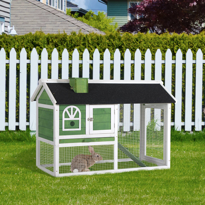 Outdoor Indoor Wooden Rabbit Hutch - Bunny Cage with Pull Out Tray, Run Box, Ramp, & Asphalt Roof - Ideal for Small Animals, Pet Safe Shelter in Green