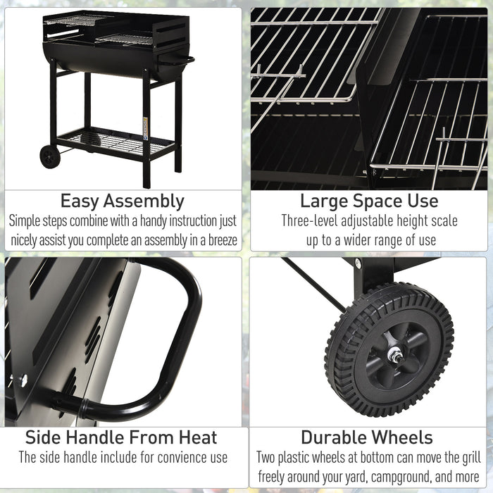 Black Charcoal BBQ Trolley with Dual Grill - Adjustable Heat-Resistant Grill Nets for Outdoors - Portable Garden Barbecue with Wheels for Easy Movement