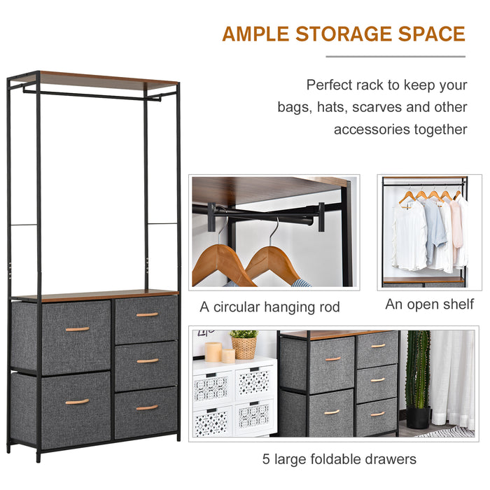 Steel Frame Chest of Drawers with Coat Rack - 5 Spacious Drawers, Sleek Black and Brown Finish, Bedroom and Hallway Organizer - Space-Saving Home Furniture Solution