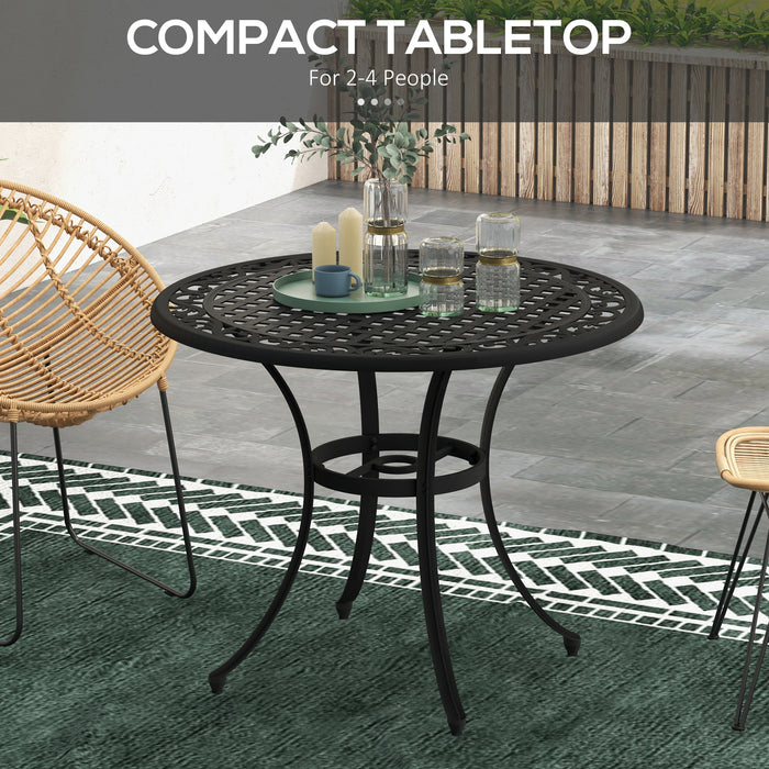 Elegant Cast Aluminium 90cm Round Garden Dining Table - Features Parasol Hole for Shaded Outdoor Meals - Perfect for Balcony Seating 2-4, Black Finish