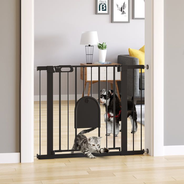Extra Wide 75-103 cm Pet Safety Gate with Small Door - Pressure Fit Stair Barrier, Auto Close, Double Locking, Ideal for Doorways and Hallways - Child & Pet Proofing in a Sleek Black Design