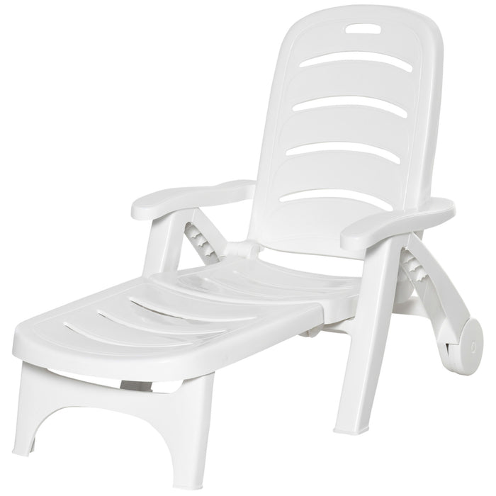 Outdoor Folding Sun Lounger with Wheels - 5-Position Adjustable Backrest Recliner, Set of 2, White - Ideal for Patio and Poolside Relaxation