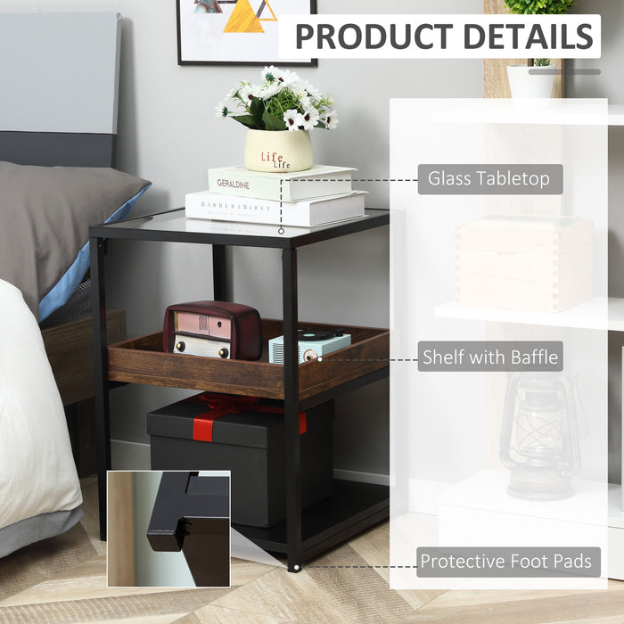 3-Tier Industrial Side Table with Storage Shelves - Sturdy Steel Frame Nightstand in Rustic Brown - Versatile End Table for Bedroom & Living Room Storage