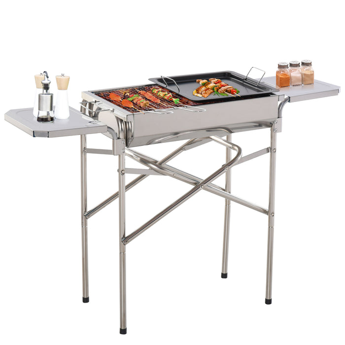 Adjustable Stainless-Steel Folding BBQ Grill - Rectangular Garden Barbecue with Grates, Frying Plate, Non-Stick Pan - Ideal for Outdoor Cooking and Camping