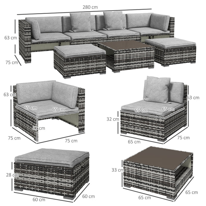 7-Piece Rattan Outdoor Ensemble - Sofa, Footstools, Coffee Table with Side Shelves, Comfy Cushions & Pillows, Mixed Grey - Ideal for Patio Relaxation & Entertaining