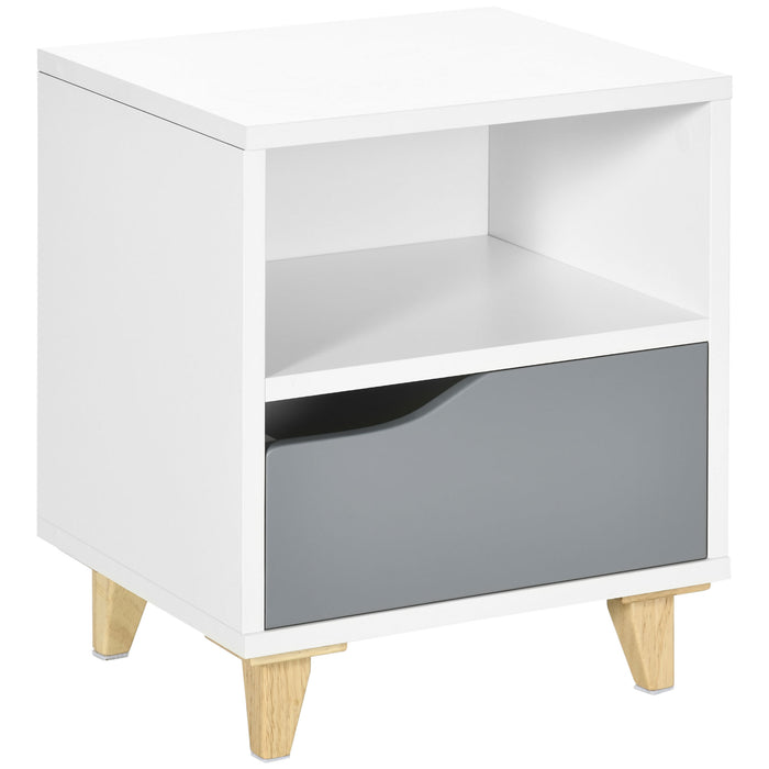 Modern White & Grey Bedside Table with Drawer and Shelf - Chic Side End Table with Sturdy Wooden Legs, 36.8cm x 33cm x 43.8cm - Ideal for Bedroom Organization and Style Enhancement