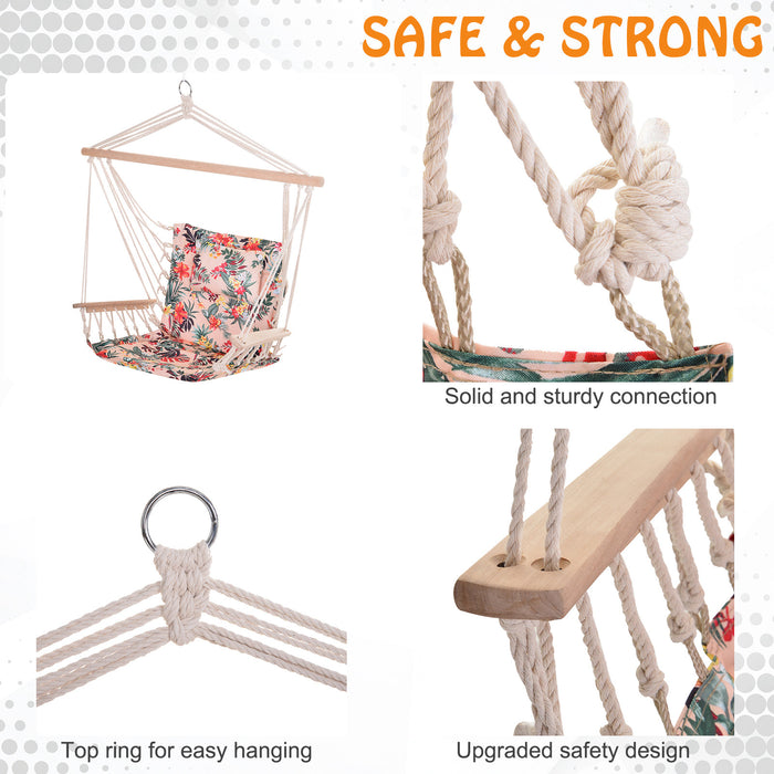 Hanging Hammock Chair with Thick Rope and Wooden Arms - Safe, Wide Seat with Stylish Multicoloured Floral Design for Outdoor Gardens - Comfortable Lounging for Your Personal Relaxation Spot