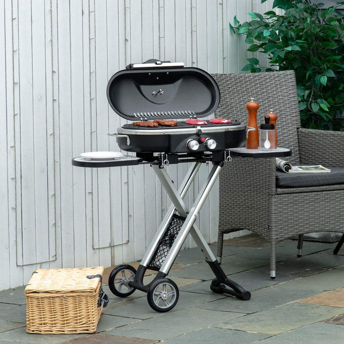 Foldable 2-Burner Gas BBQ Grill with Thermometer - Space-Saving Garden Barbecue Trolley, Piezo Ignition, Side Shelves - Outdoor Grilling Convenience for Patio and Backyard Cookouts