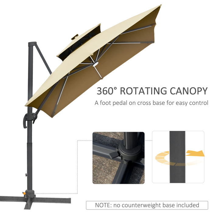 3M Cantilever Roma Parasol - Adjustable Outdoor Umbrella with Solar LED, Tilt, Crank Handle, Cross Base - Ideal Sun Shade for Garden, Patio in Khaki