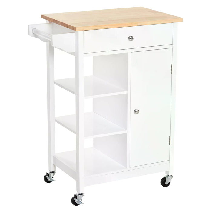 Kitchen Storage Trolley with Wooden Top - 3-Tier Shelving, Cupboard, Drawer, and Towel Rail on 4 Casters - Space-Saving, Mobile Organizer for Home Chefs