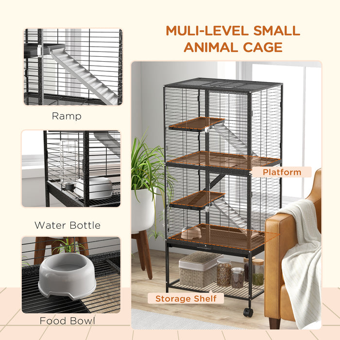 Rolling Chinchilla Cage with Accessories - Multi-Level Small Animal Habitat with 3 Access Doors, Storage Shelf & Removable Trays - Ideal for Ferrets, Includes Food Bowl & Water Bottle