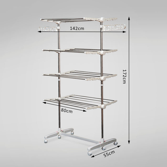 Adjustable 4-Layer Garment Rack with Wheels - Folding Clothes Rail for Easy Storage - Ideal for Organizing Wardrobe and Laundry Room