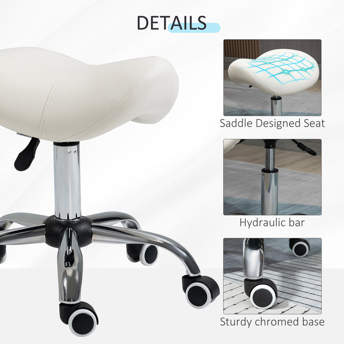 360° Rotating Adjustable Cosmetic Stool - Comfortable Cream Faux Leather Saddle Seat with Hydraulic Lift and Rolling Base - Ideal for Salon, Spa, and Massage Therapists