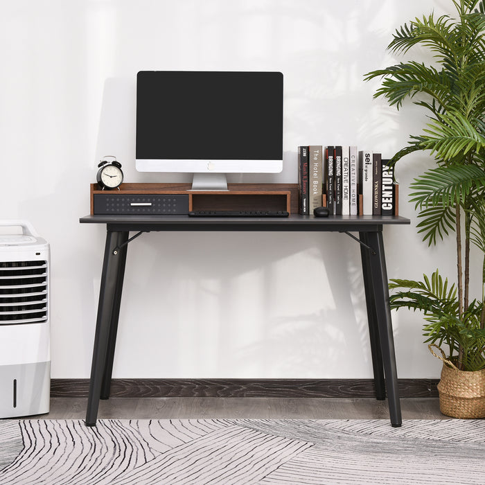 Modern Computer Desk with Hutch and Drawer - Laptop Writing Table Workstation in Brown and Black - Ideal for Home Office Use