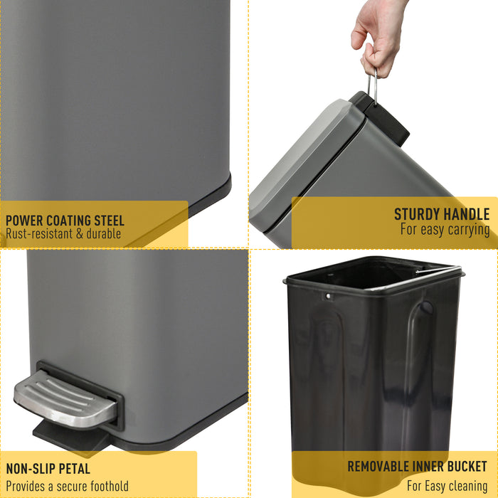 5L Rectangular Compact Bin with Pedal Lid - Steel Body and Removable Bucket, Quiet-Close Lid - Ideal for Tidy Waste Disposal in Home or Office