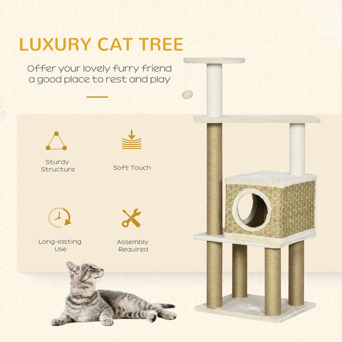 Cat Tower Activity Center - Sturdy Jute Scratching Post, Cozy Condo & Playful Hanging Ball Toy - Ideal for Indoor Cats and Kittens Entertainment