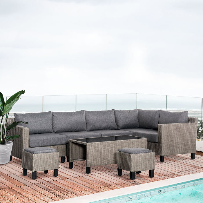 7-Seater PE Rattan Sofa Set - Wicker Garden Patio Conservatory Corner Lounge with Glass Coffee Table & Grey Cushions - Ideal for Outdoor Entertaining and Relaxation