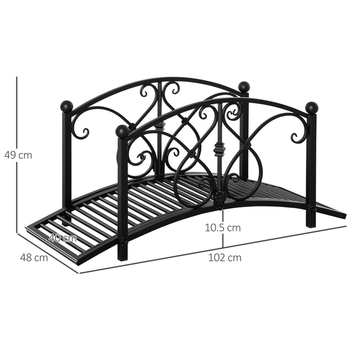 Classic Metal Garden Bridge - 102L x 48W x 49H with Safety Railings and Arc Design - Decorative Footbridge for Backyard Creek or Stream Crossing, Black