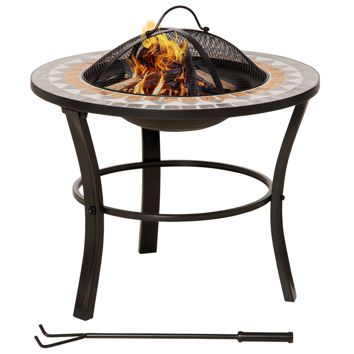 Outdoor Mosaic Fire Pit Table 60cm - Spark Screen Cover, Round Design, Fire Poker Included - Ideal for Garden Bonfire Gatherings