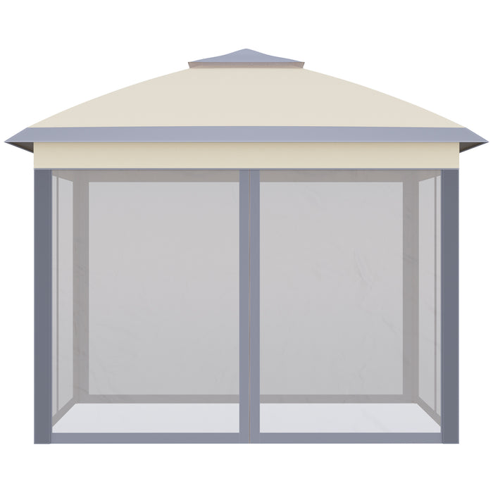 11' x 11' Beige Pop Up Canopy Tent with Double Roof Design - Foldable Structure, Mesh Sidewalls with Zippers, Height Adjustable, Includes Carrying Bag - Perfect for Outdoor Events and Gatherings