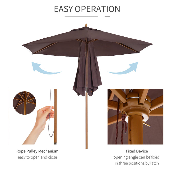 Wooden Garden Parasol 2.5m - Outdoor Patio Sun Shade Umbrella with Canopy in Coffee - Ideal for UV Protection and Relaxation