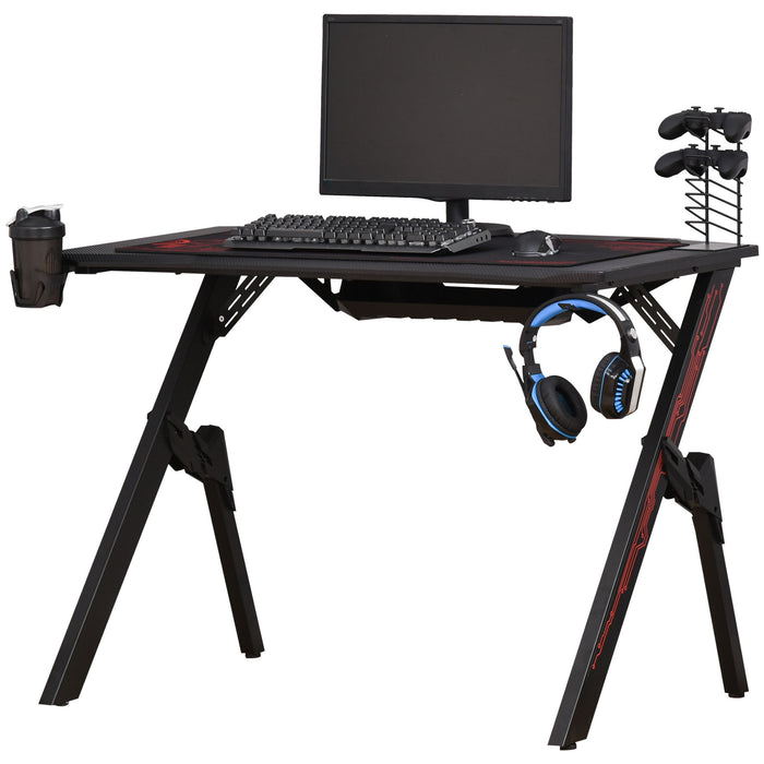 Racing Style Gaming Desk with Game Handle Rack - Cup Holder, Headset Hook & Sturdy Spider Legs - Ideal Workstation for Gamers and Students