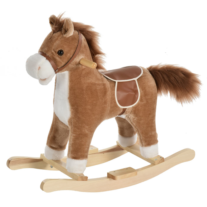 Plush Rocking Horse with Sound Features - Sturdy Brown Children's Ride-On Toy - Ideal for Enhancing Motor Skills and Playtime Fun