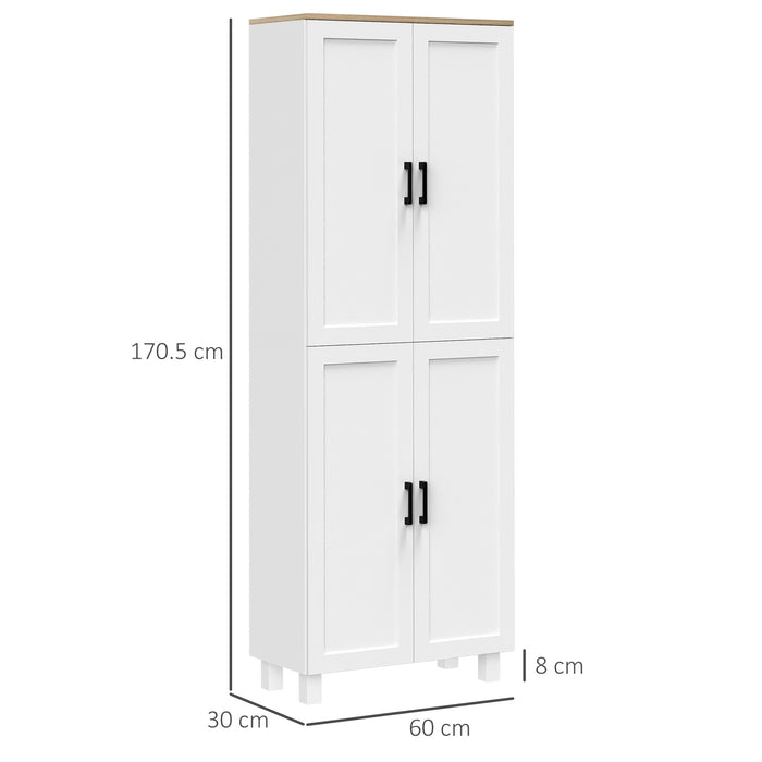 4-Door Freestanding Kitchen Cupboard - Adjustable Shelf Storage Cabinet Organizer, 170cm, White - Perfect for Home Organization and Decluttering