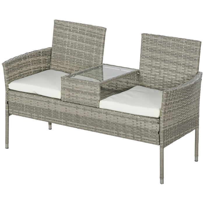 Rattan Twin-Seater Lounge Chair with Central Connecting Table - Elegant Grey Finish - Perfect for Patio and Couples Cozy Seating