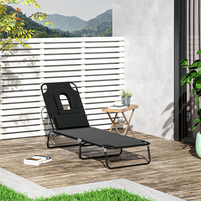 Foldable Sun Lounger with Pillow - Reclining Chair with Reading Hole for Beach and Garden - Adjustable Outdoor Recliner in Black for Relaxation and Sunbathing