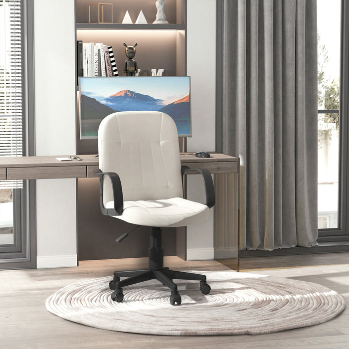 Swivel Mid-Back Executive Chair in Cream PU Leather - Comfortable Desk Chair with Arms and Wheels for Home Office - Ideal for Adults Seeking Style and Mobility